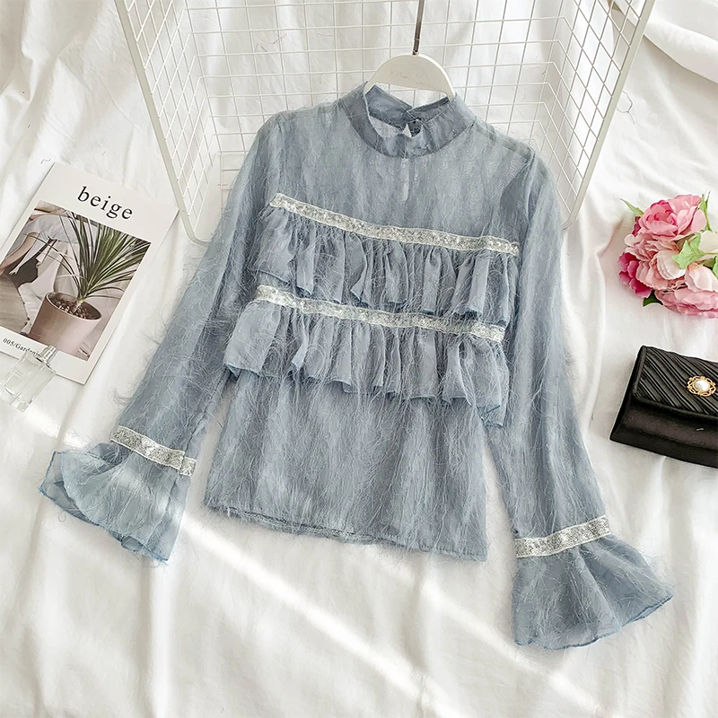 

Korean Long Flare Sleeve Leaf Printing Loose Holiday Casual Tops Women Solid Color Elegant Blouse Tops E354