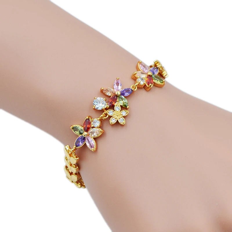 Мода для девочек золотой цвет многоцветный кубический цирконий CZ цветы Звезды Шарм звено браслет для женщин