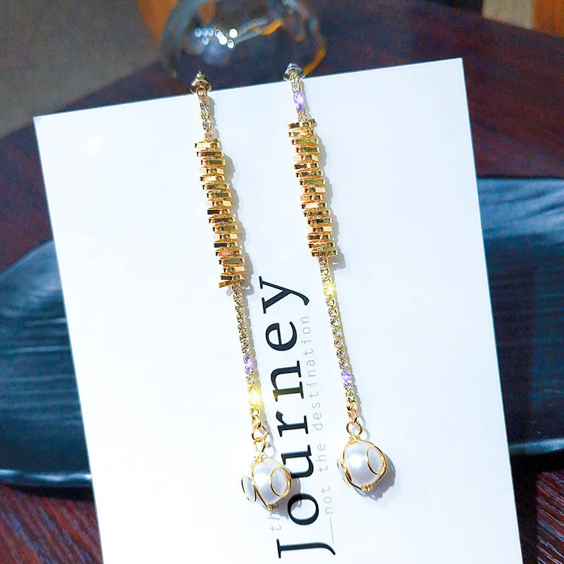 

FYUAN Geometric Long Tassel Rhinestone Drop Earrings for Women New Bijoux Pearl Gold Color Dangle Earrings Wedding Jewelry Gifts