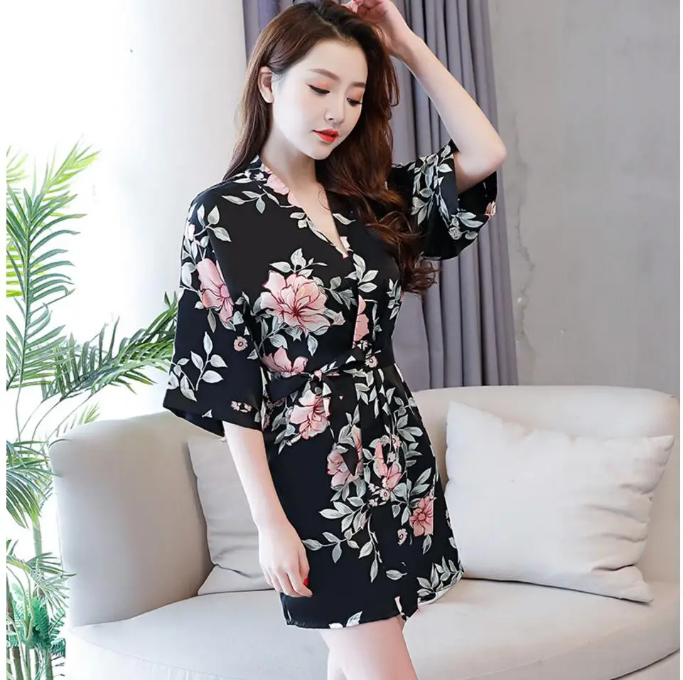 

Satin Kimono Robe 2019 Mini Night Dressing Gowns for Women Print Bridesmaid Robes Sexy Sleepwear Nightdress Nightie Plus Size