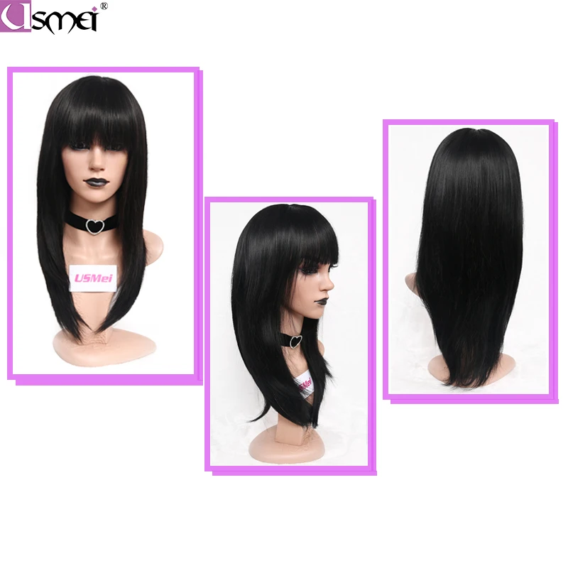 USMEI 20 дюймов длинные черные Омбре коричневый парик с челкой блонд синтетические парики для женщин шелковистые прямые два тона натуральные волосы парик