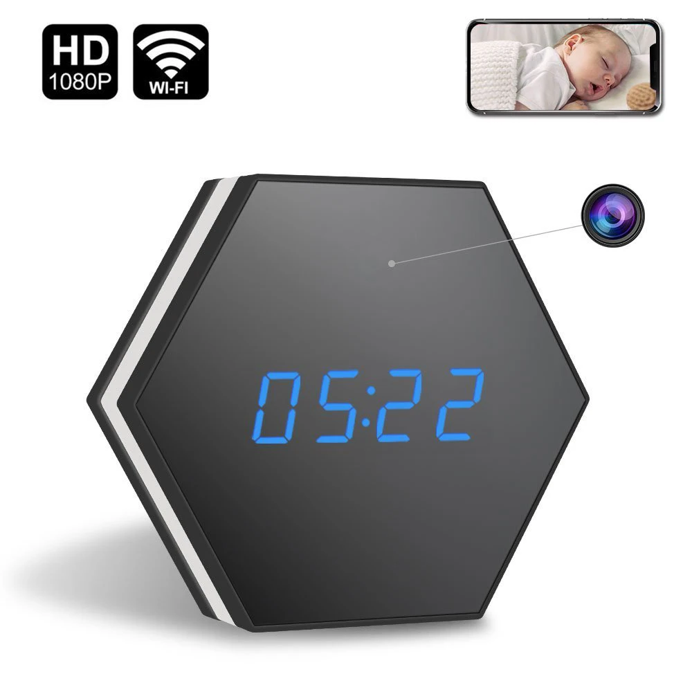 

Mini Camera Clock HD 1080P WiFi Smart Mirror Clock with Night Vision Two-Way Audio Motion Detection Colorful LED light DV DVR CA