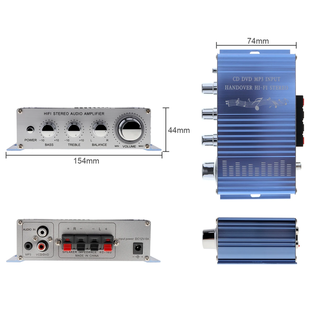 20Hz - 20KHz Hi-Fi Car Stereo Audio Amplifier RMS 20W 85dB + 10W Support CD DVD MP3 Input Auto Vehicle Audio Amplifier