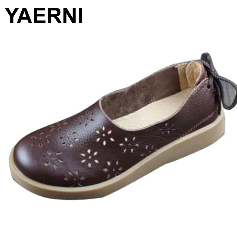 

YAERNI Women Shoes Flat Hollow Out Breathable Summer Shoes 100% Authentic Leather Round toe Slip On Flats Female Footwear