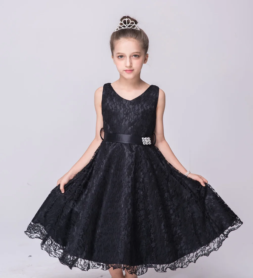 Estilo de Flor Vestidos com Strass Casamento da Dama Novo Meninas Vestidos Crianças Rendas Faixa Festa Honra Roupas 7 rendas vestidos com strass faixa crianças festa