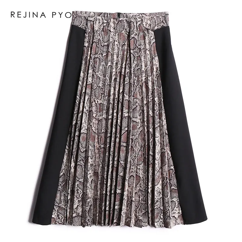 

REJIINAPYO Women Snake Skin Printed Patchwork Casual A-line Skirt Feamle Fashion Vintage Knee-Length Skirts High Waist Skirt