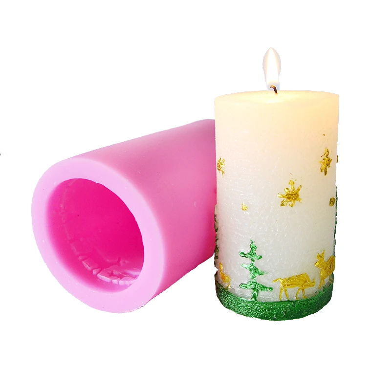 

Christmas Candle Silicone Mold Cylindrical with Trees and Deer Embossed Pattern DIY Handmade Soap Mould