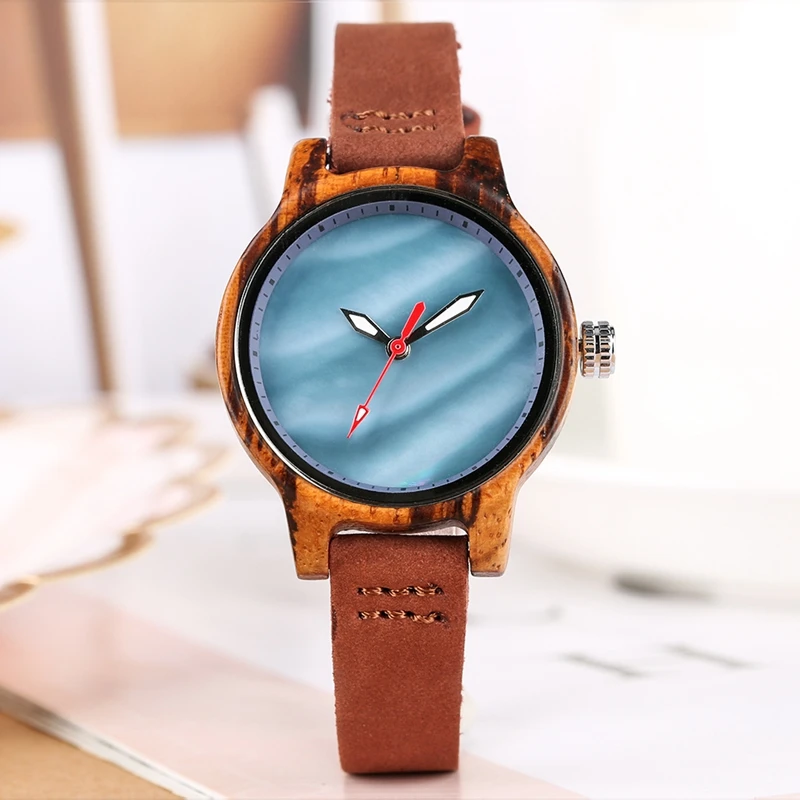 Unique Women Watch Wood Luxury Coral Blue Chic Red Casual Quartz Wooden Clock For Women Genuine Leather Wrist Watch Reloj Mujer 2019 2020 2022 (19)