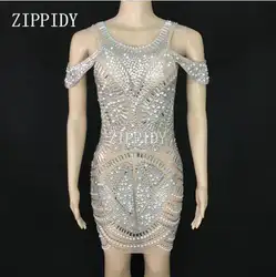 Серебряные стразы пикантные Сетчатое платье для ночного клуба вечерние See Through Блестящий наряд Для женщин певица одежда на день рождения