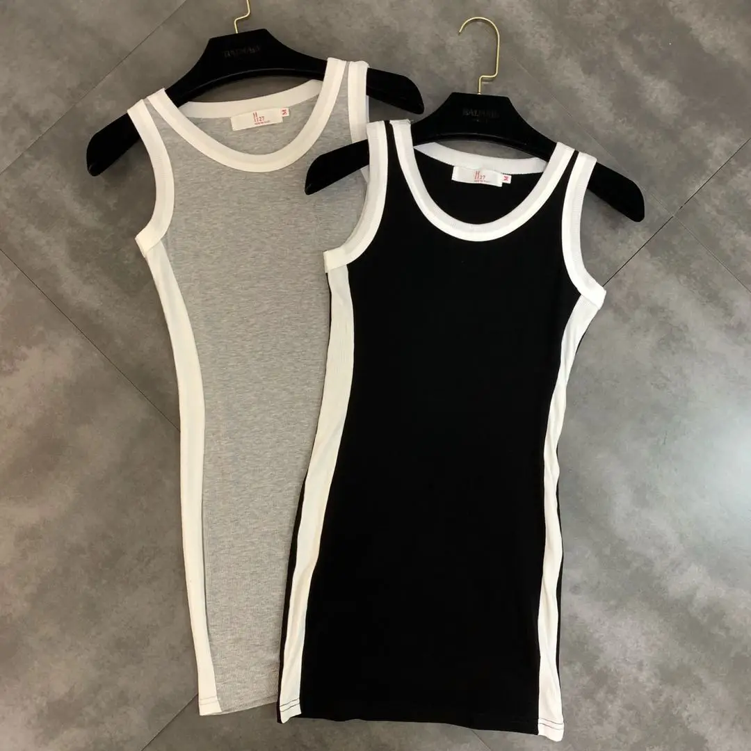 

2019 summer new round neck sleeveless color matching white side decoration long stretch vest