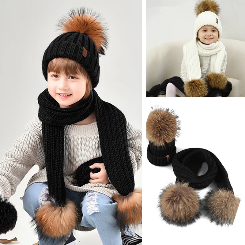 

Furtalk Kids Beanie Hat and Scarf Set Girl Boy pompom Hat Scarf Child Thick Warm Winter Knit Hats with Raccoon Fur Ball Age 2-14