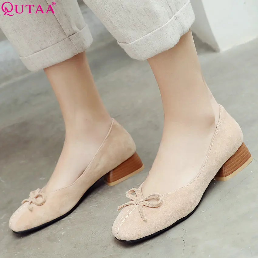 

QUTAA 2019 Women Pumps Flock Fashion Elegant Women Shoes Platform Bow Tie Casual Square Heel Pink Ladies Pumps Size 34-43