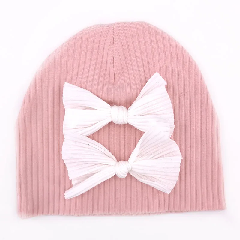 Cute 0-6 Months Newborn Baby Girls Bow Ribbed Cotton Beanies hats Kids Childs Autumn Winter Knitted Hat caps For New Born Gifts