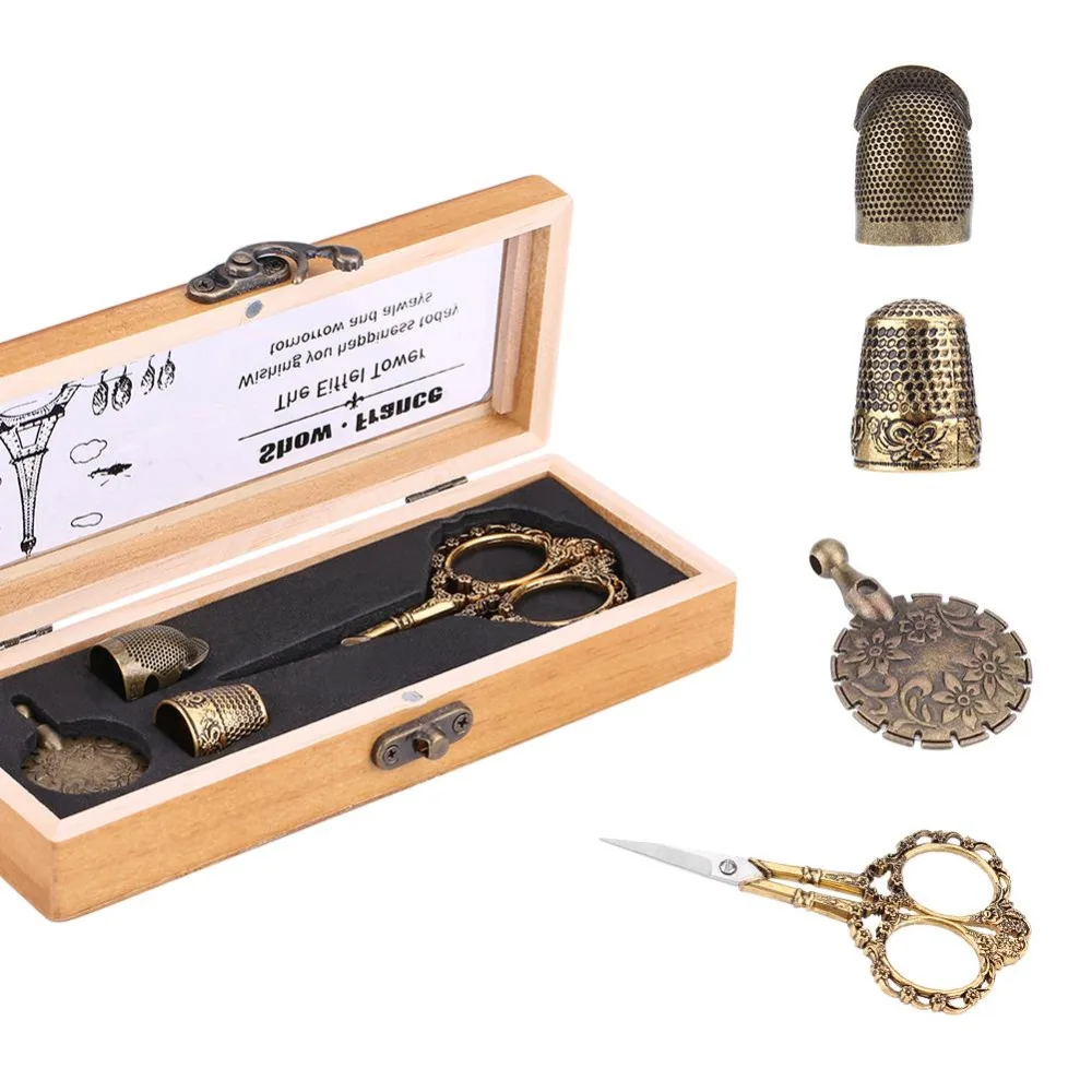 

Portable Sewing Tools Metal Thimbles Vintage Scissors Thread Cutter with Box Patchwork Tool DIY Sewing Accessories