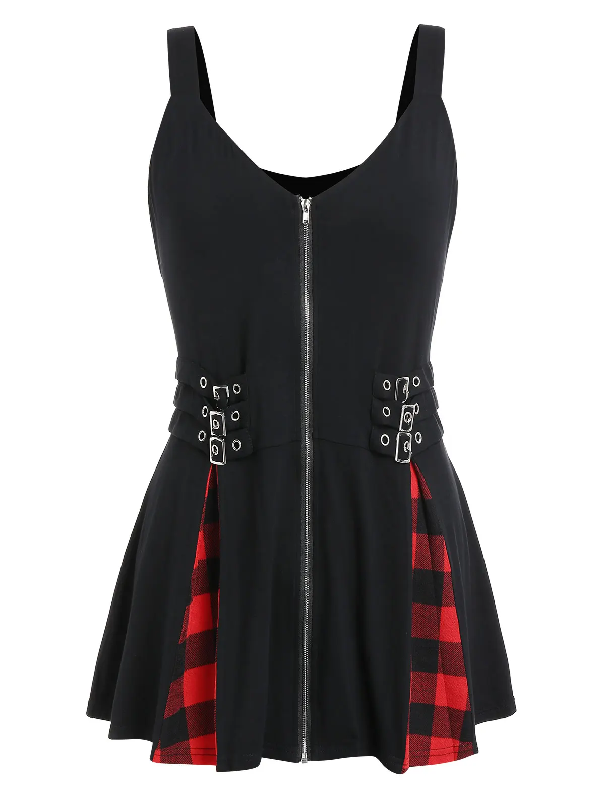 

ROSEGAL Women Buckled Zip Up Plus Size Tank Top Punk Style Plaid Patwork Tunic Tank Tops Big Size 5XL Ladies Summer Tank Tops