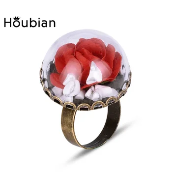 

Houbian Retro Red Roses Rings Beauty And Beast Glass Ring Jewelry Handmade Flower Ring Wholesale