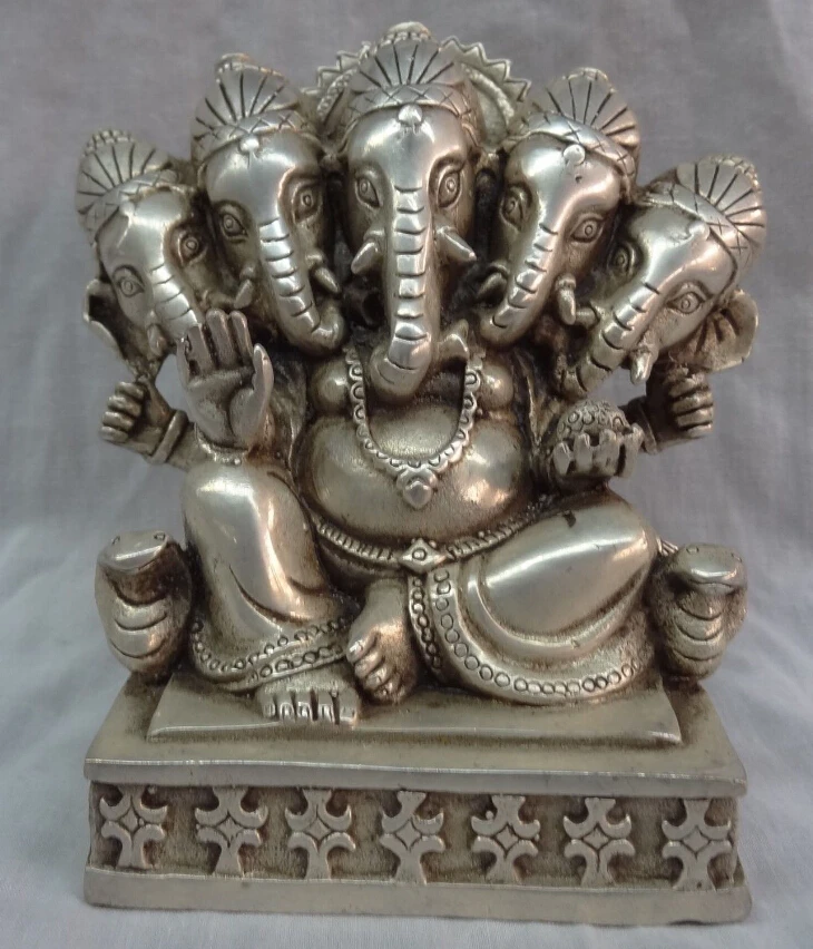 

Chinese Silver Buddhism 5 Head 4 Hand Ganapati Ganesh Lord Ganesha Buddha Statue D0317