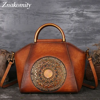

Znakomity Vintage Genuine Leather Women Handbags Totem Hand-painted Female Shoulder Bags Embossed Shell Crossbody Tote Bags 2019