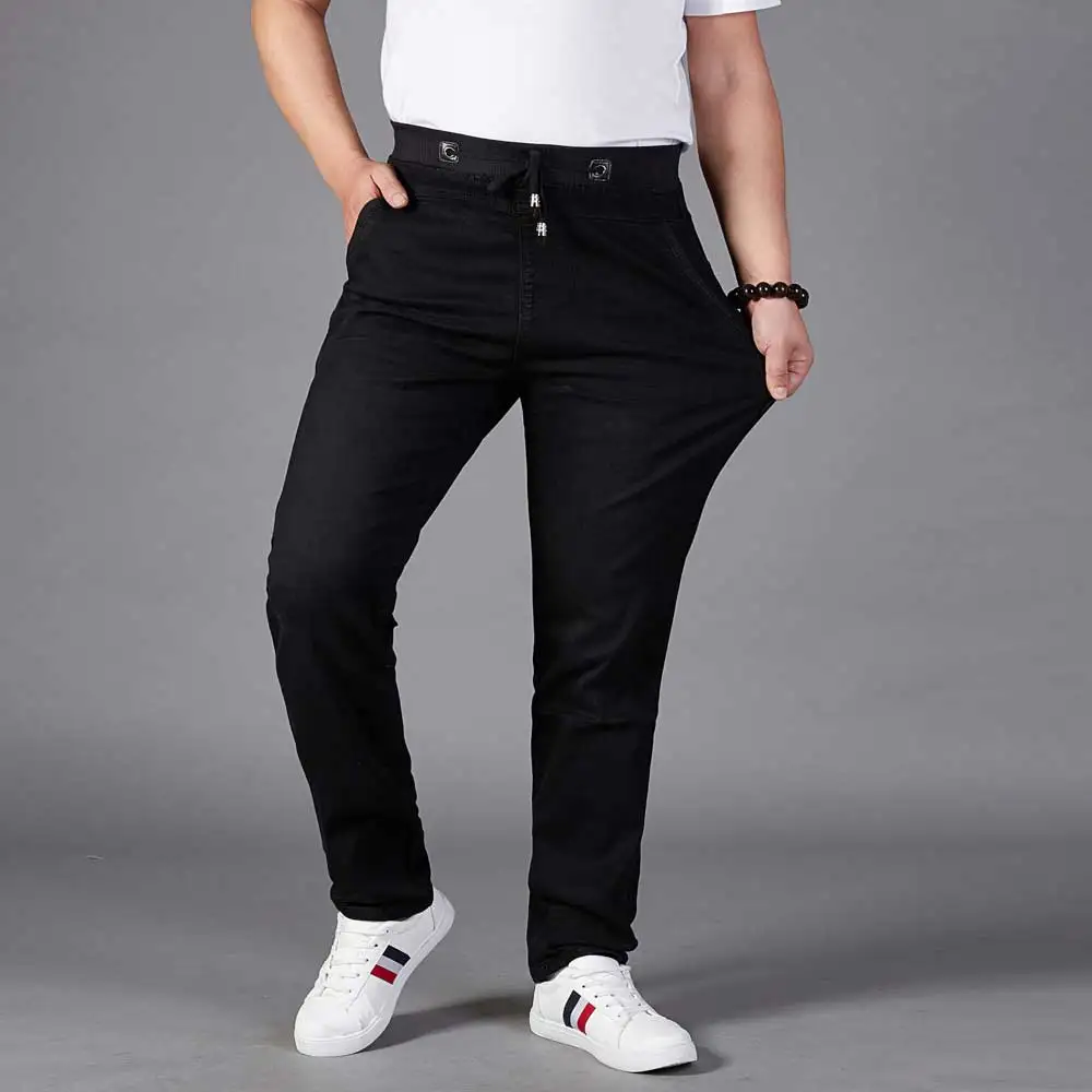 Мужские утягивающие джинсы размера плюс, черные, синие, Осенние, удобные, с эластичной резинкой на талии, модные джинсовые штаны, более размера, Стрейчевые L-6XL# DMS9861