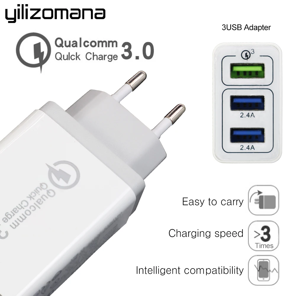 

YILIZOMANA 3 Ports USB Quick Charger QC 3.0 Fast Travel Charger for iPhone 7/8/X iPad Samsung Note 8 S8 S9 Mobile Phone EU US UK