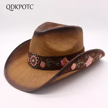 QDKPOTC Высокое качество модная Женская ковбойская шляпа соломенная фиксированная форма Западный котелок Цветочная вышивка ковбойские шляпы