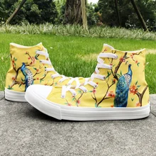 Вэнь ручная роспись дизайн обувь Chinoiserie Стиль Синий Павлин изысканный сливы холст высокие кроссовки унисекс