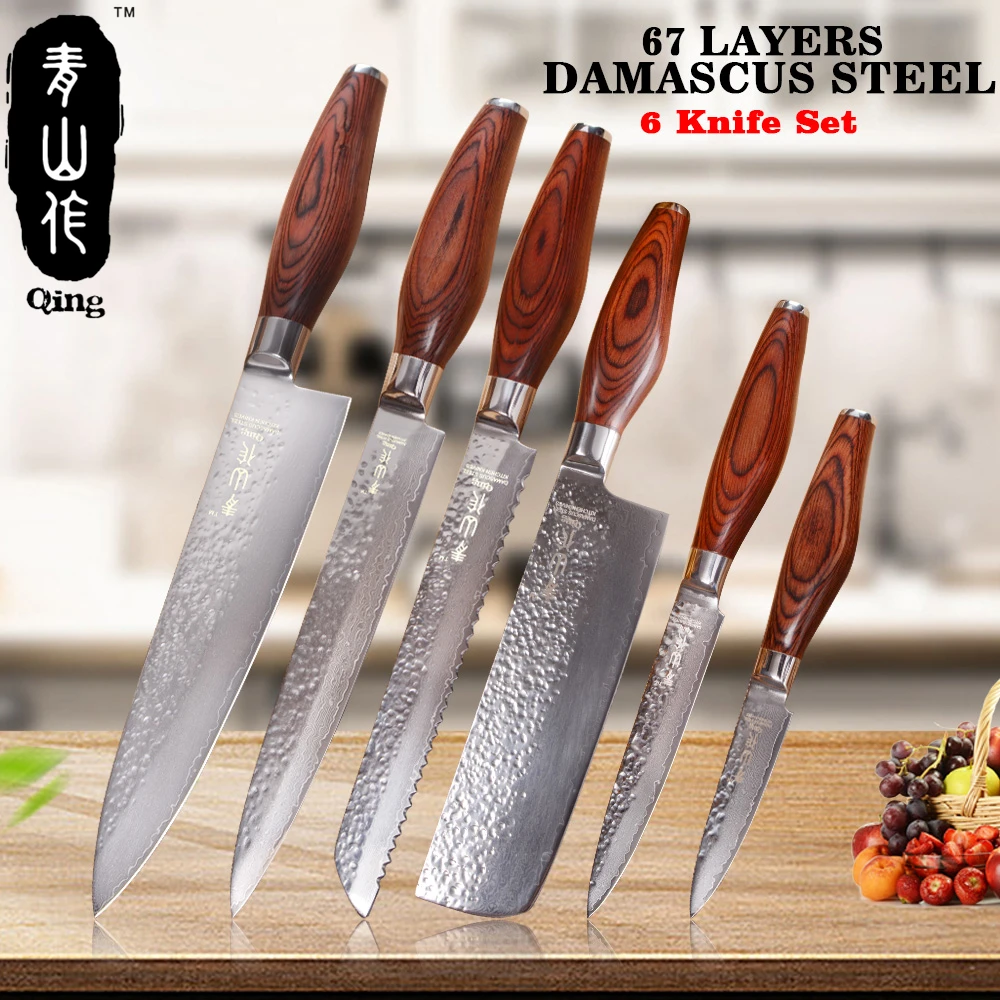 

QING 67-Layer VG10 Steel Cooking Tools Color Wood Handle Japanese Damascus Knives 6-Pieces Kitchen Knife Set 3.5" 5" 7" 8" 8" 8