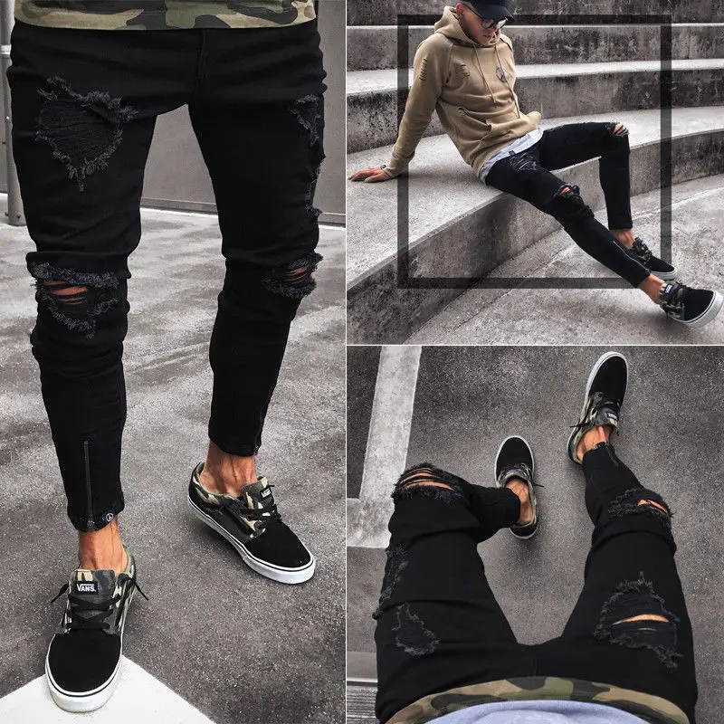 

Mens Cool Designer Brand Black Jeans Skinny Ripped Destroyed Stretch Slim Fit Hop Hop Pants With Holes For Men