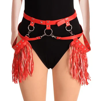 

New Red Tassel Sexy leather Waist Belt Boho Punk Straps Cage Body Adjustable Metal Rivet Party Dance Rave Women Harness Garter
