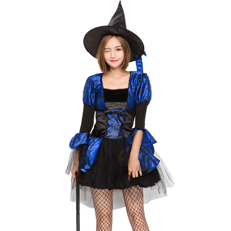 

Adult's cute Blue Black Witch Costume Woman Beautiful Sorceress Carnival Party Deluxe Magic Enchantress Cosplay Fancy Dress