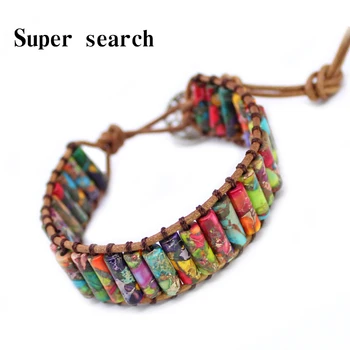 

Natural Stone Single Leather Rope Wrap Bracelet Bohemian Bracelet Women Tube Shape Colorful Beaded Couples Bracelet Dropshipping