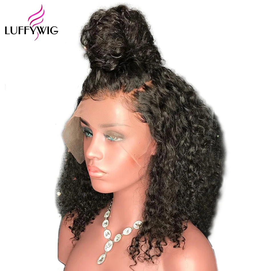 LUFFYHAIR 13x6 человеческие волосы на кружеве парики Безглютеновые для женщин с волосами младенца бразильские кудрявые черные волосы Remy Предварительно сорванные