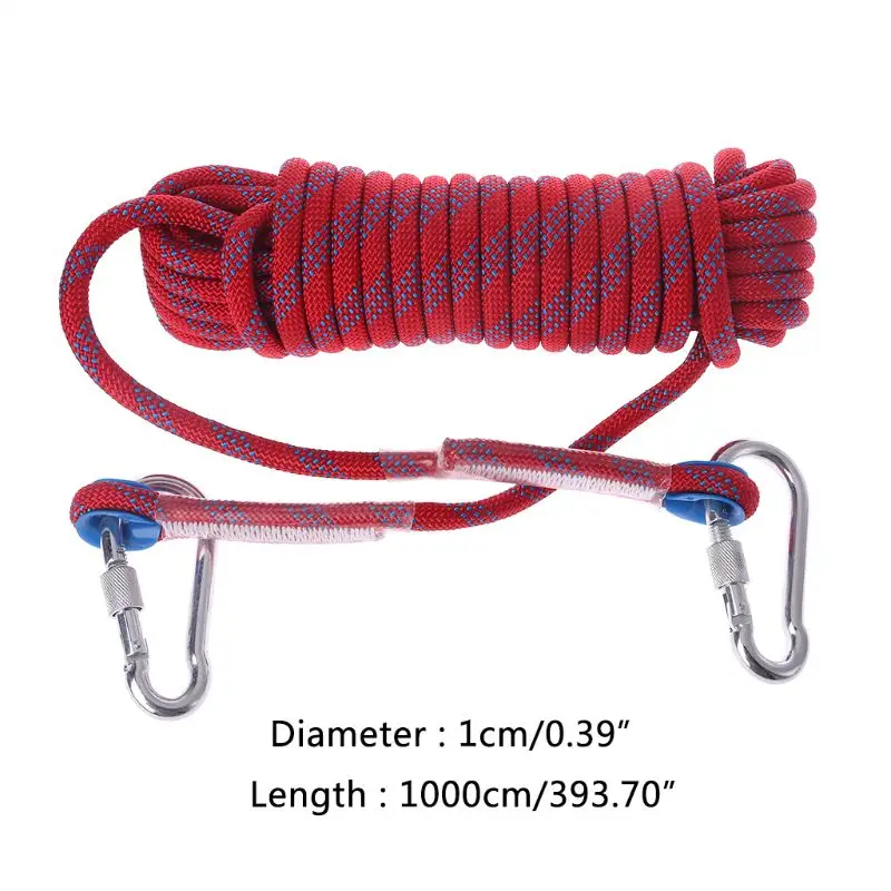 

10M Outdoor Rock Climbing Rope High Strength Hiking Survival Rappelling Safety Rope Cord String With 2 Carabiners F42D