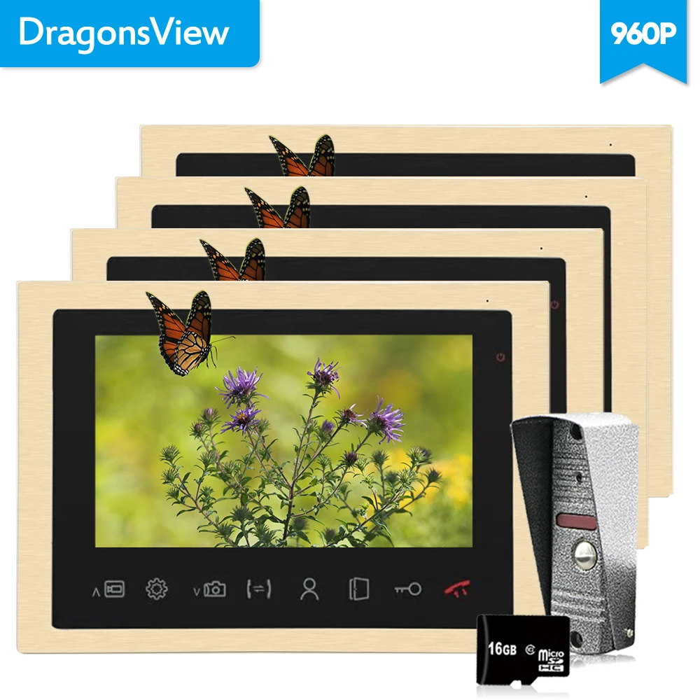Dragonsview 10 inch AHD Video Door Phone Intercom System Camera Video-Eye Call Panel 960P 4 Golden Monitors Recording IR leds