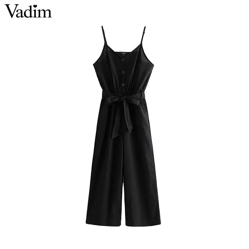Vadim women V neck black jumpsuits elastic waist bow tie sashes pockets sleeveless adjustable