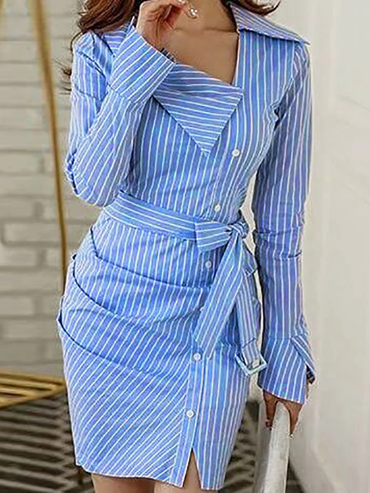 Женская Элегантная Модная полосатая облегающая блуза с пуговицами в тонкую полоску с рюшами, Необычные платья-рубашки с поясом