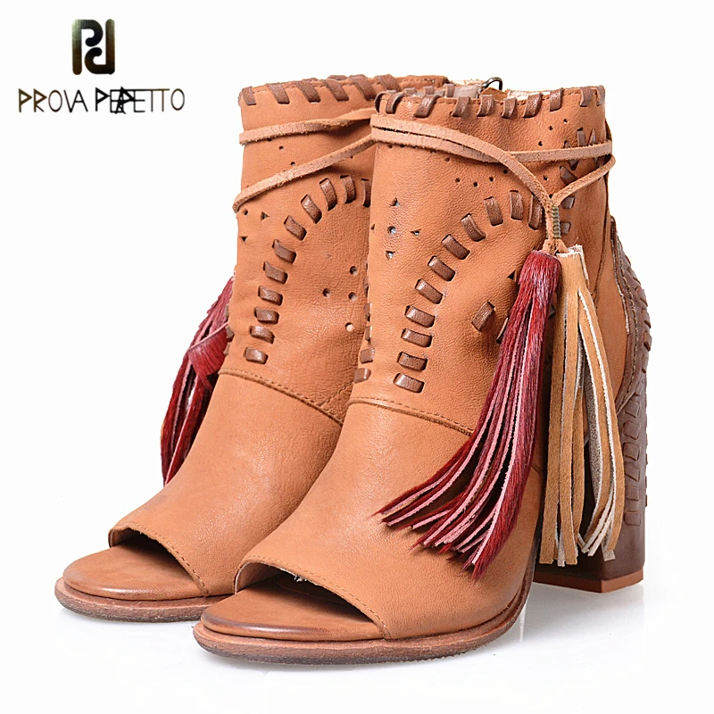 

Prova Perfetto Elegant Style Sewing Design Fringe Woman Sandals Boots Peep Toe Genuine Leather Patchwork Chunky High Heel Shoes