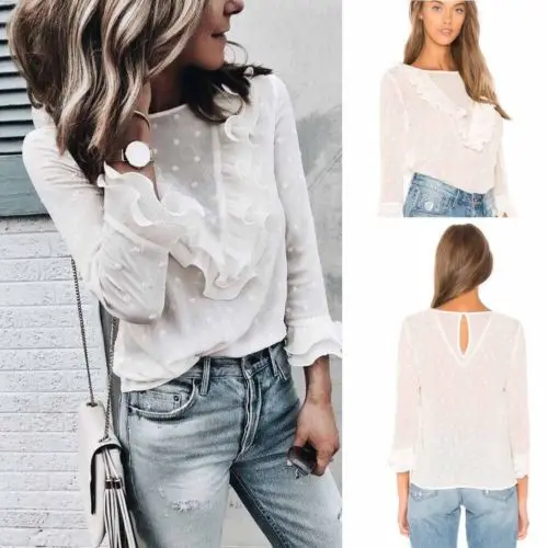 

Fashion Women Long sleeve Blouse 2018 New Autumn Floral Ruffle Party Lace Frill Office Work Shirt Womens Blouse Top S-XL