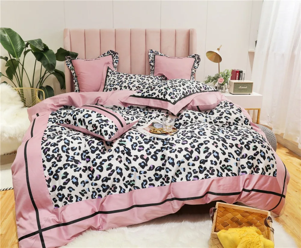 cheap New Luxury 80S Egyptian cotton leopard Bedding sets Queen King Princess Duvet cover Bed sheet set Pillowcases 4 6pc Pink blue
