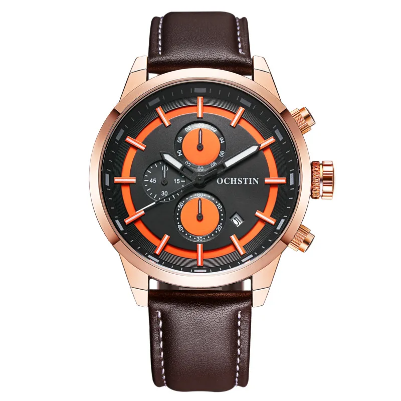 Мужские спортивные часы для модных повседневных часов с хронографом мужские кожаные спортивные мужские кварцевые часы мужские часы желтое лицо распродажа - Цвет: rose orange