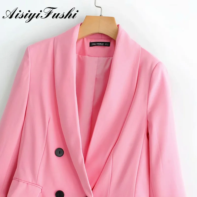 Aisiyibushi 2 шт. брюки наборы для женщин летний офисный костюм двубортный женский костюм пиджак комплект из двух частей Блейзер Женский розовый костюм