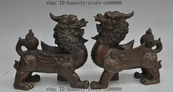 

7" chinese fengshui bronze evil spirits Unicorn foo dog lion wing beast statue