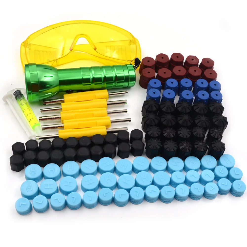 

Gzhengtong 28 Green LED Flashlight Car Air Conditioning Repair Kit With Yellow Test Oil and 7 Size R134a Caps with Core Key