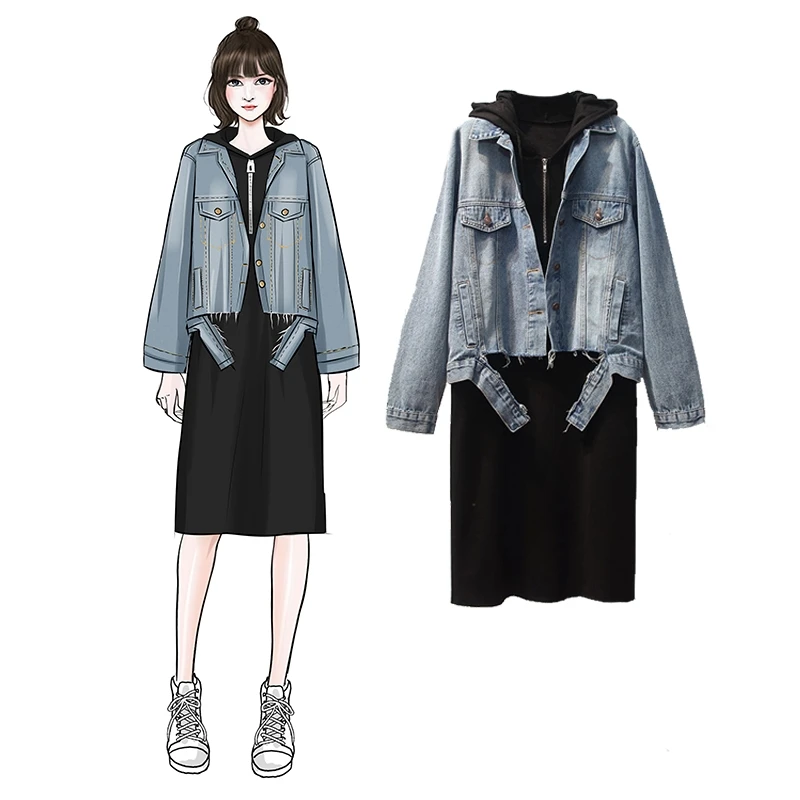 

Jeans Denim Jacket+ Dress Plus Size Suit Women Spring Coat set Fashionable Slim Spring Dresses New Style of 2019 M-5XL
