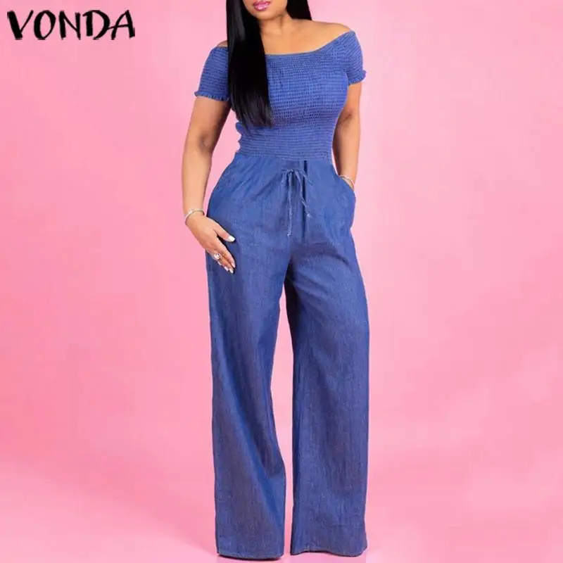

VONDA Women Casual Demin Rompers Off Shoulder Jumpsuit Sexy Playsuits Summer Bohemian Wide Leg Pants Office Overalls Plus Size