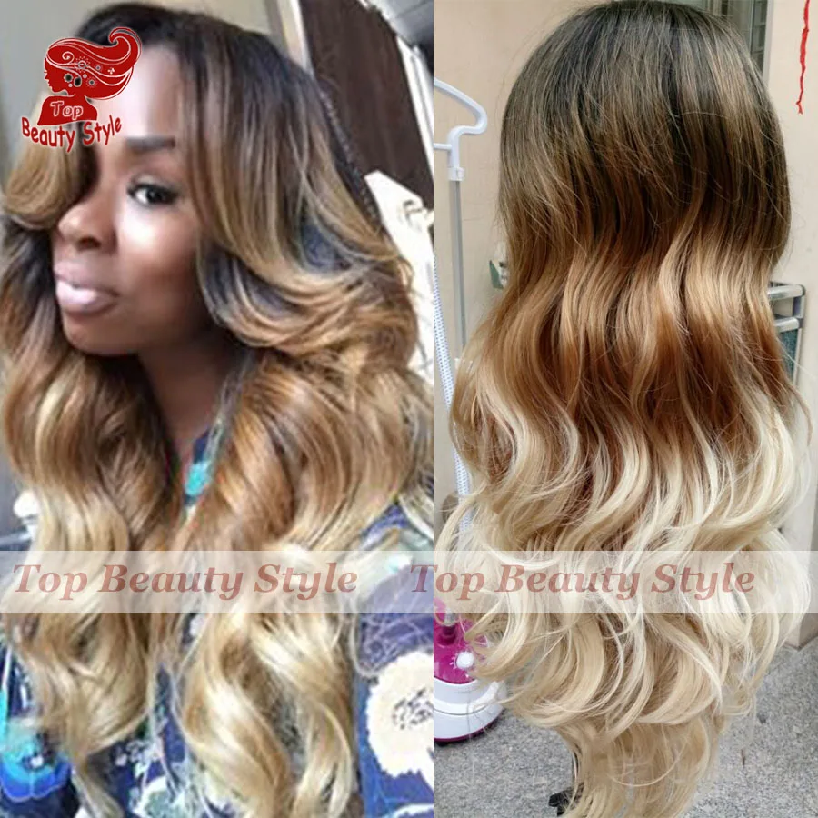 

2016 Synthetic Hair Ombre Black Blonde Brown Color Wigs Heat Resistant Body Wave Glueless Synthetic Lace Front Wig for Women