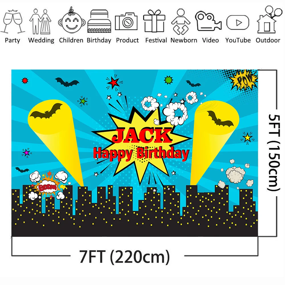 Mehofoto Super Hero Theme Party Background Happy Birthday Backdrop for Baby Batman Boom Pow Anime Night Stripes Star Build