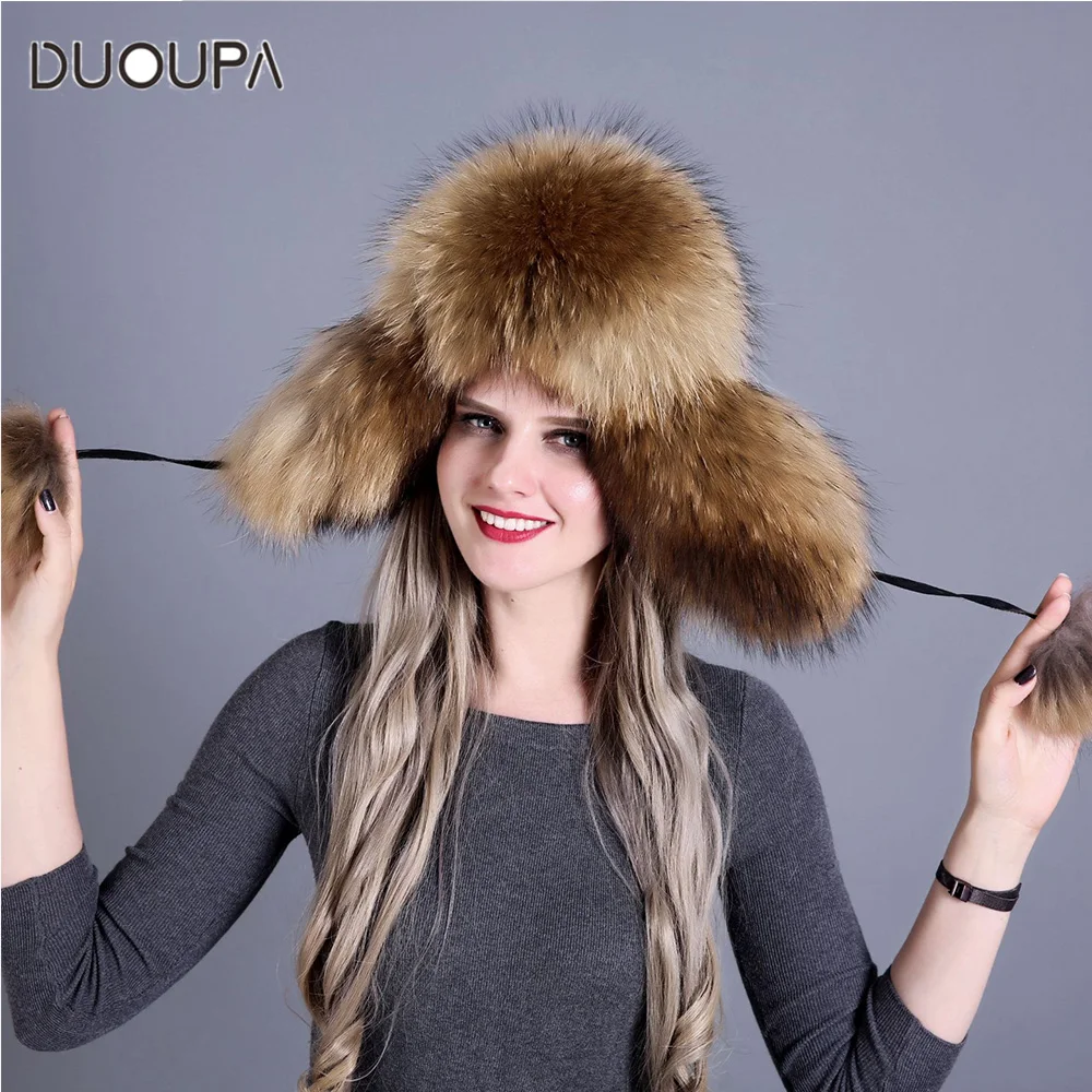 

DUOUPA Russian leather bomber leather hat Women Winter Hat Earflap Real Fox Fur Genuine Leather Caps With Earflaps Ushanka