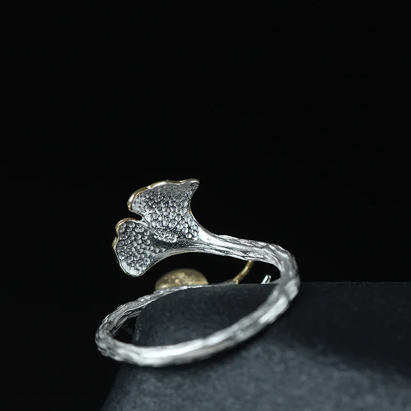 Дизайн, Настоящее серебро 925 пробы, художественное маленькое свежее кольцо в виде листьев гинкго, женское милое кольцо улитка, регулируемое серебряное кольцо, хорошее ювелирное изделие