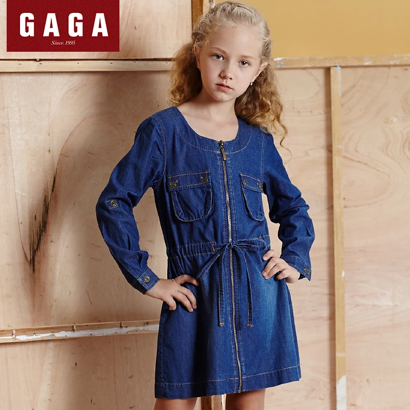 

GuaGuaEgg Autumn and Winter 2016 Girls Dress 100% Cotton Denim Full Sleeve O-Neck Zipper Design Kids Clothing